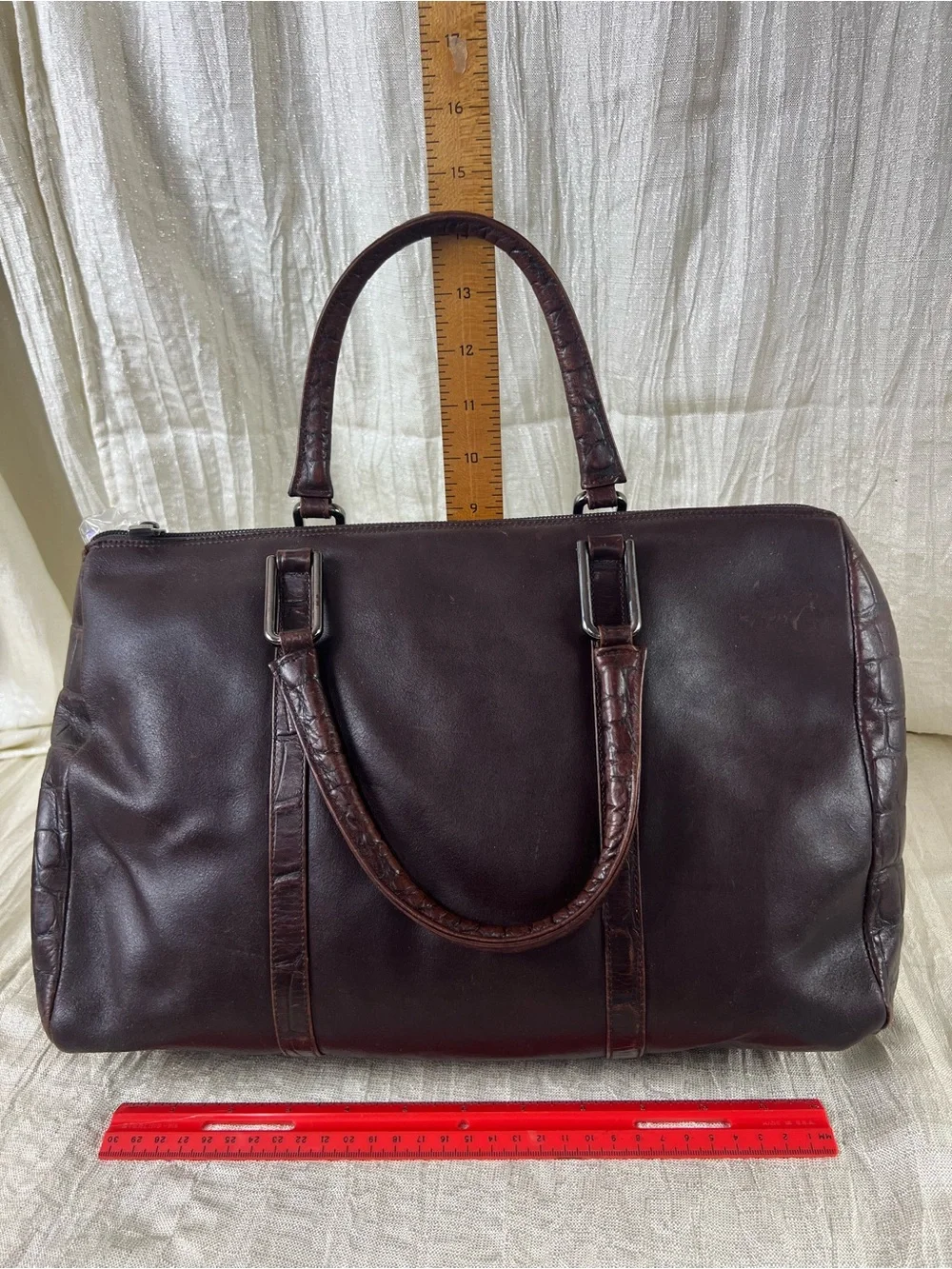 Vintage DELSEY Brown Leather Weekender Travel Bag Croc Trim Overnight Duffel